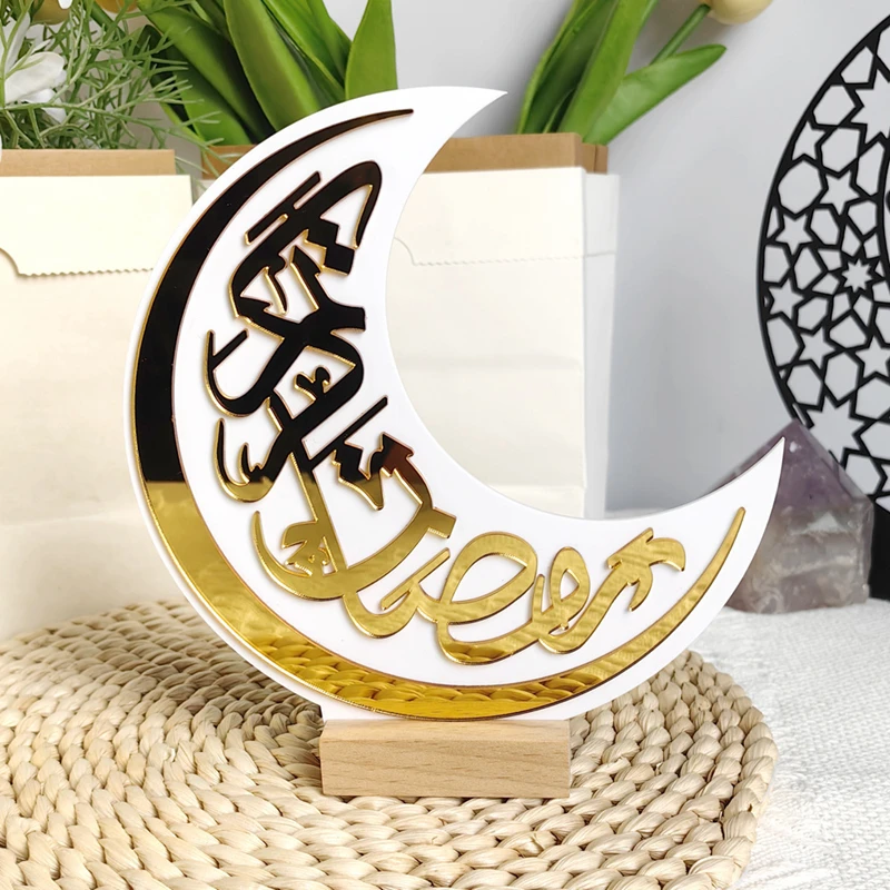 Islamic Acrylic Moon Wooden Ornaments Ramadan Kareem Decoration for Home Table Eid Mubarak Muslim Festival Party Gifts Supplies