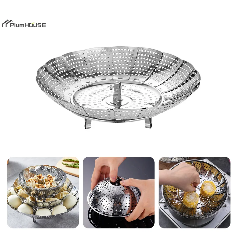 

Multifunctional Stainless Steel Steamer Plate Retractable Folding Dish Steam Food Steamer Tray Vegetable Fruit Basket