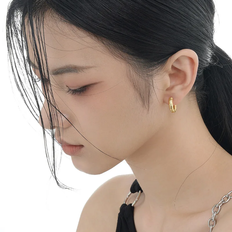 F.I.N.S Texture Pure S925 Sterling Silver Wrinkle Hoop Earrings Geometric Female Uneven Round Circle Bold Huggies Ear Fine Jewel