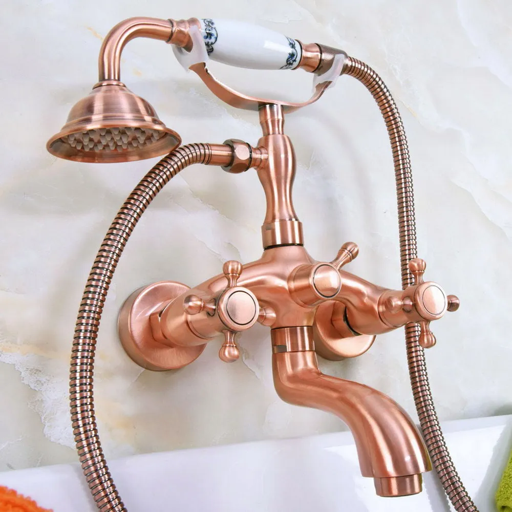 

Antique Red Copper Double Handle Wall Mounted Bathroom Bath Tub Faucet Set with 150CM Hand Held Shower Spray Mixer Tap 2na322