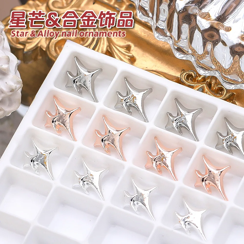 10pcs Japanese Star Nail Art Decorations Accessories Luxury Silver White-K Alloy Meatl Four Star Nail Charms Jewel Mancure Parts