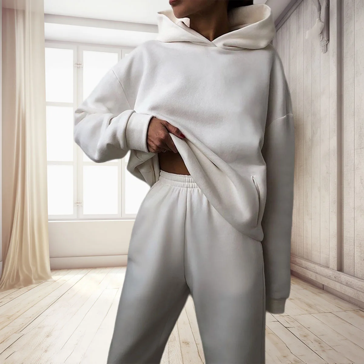 

Весенний женский спортивный костюм, модная теплая толстовка с капюшоном, свободные однотонные брюки, комплект из двух предметов