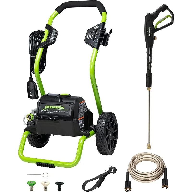 Greenworks 2000 PSI (13 Amp) Electric Pressure Washer (Wheels For Transport/ 20 FT Hose/ 35 FT Power Cord) Great For Cars,Fences