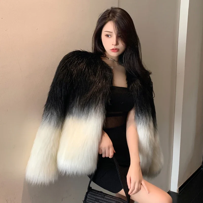 FANIECES Fashion Gradient Faux Fox Fur Coat Cardigan Winter Tops Outerwear Long Sleeve O Neck Fluffy Luxury Feather Jacket 코트