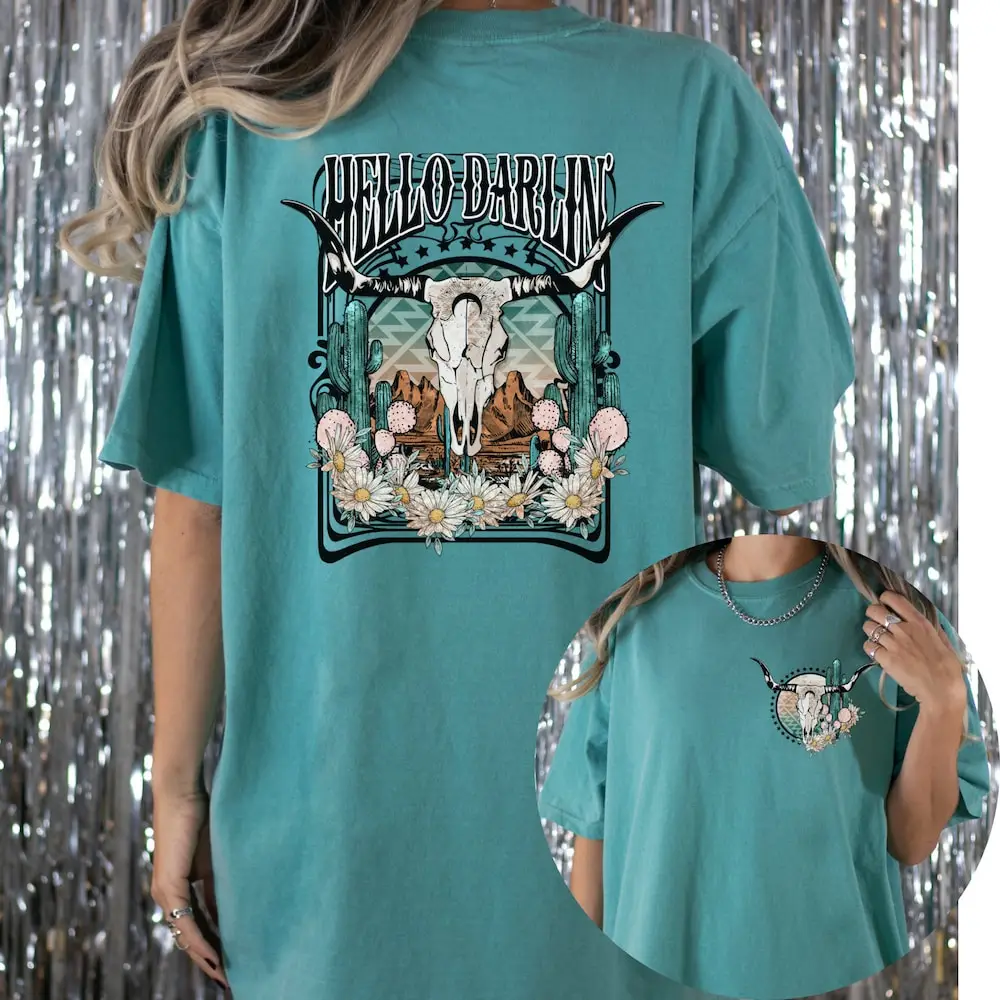 Hello Darlin Boho Western T Shirt Cactus Desert Women Country Comfort Colors