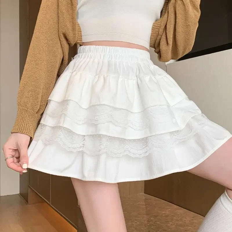 Cute Lace Mini Skirt for Women Spring Summer High-waisted A-line Pleated Elastic Waist Cake Skirt Sweet Style Clothing