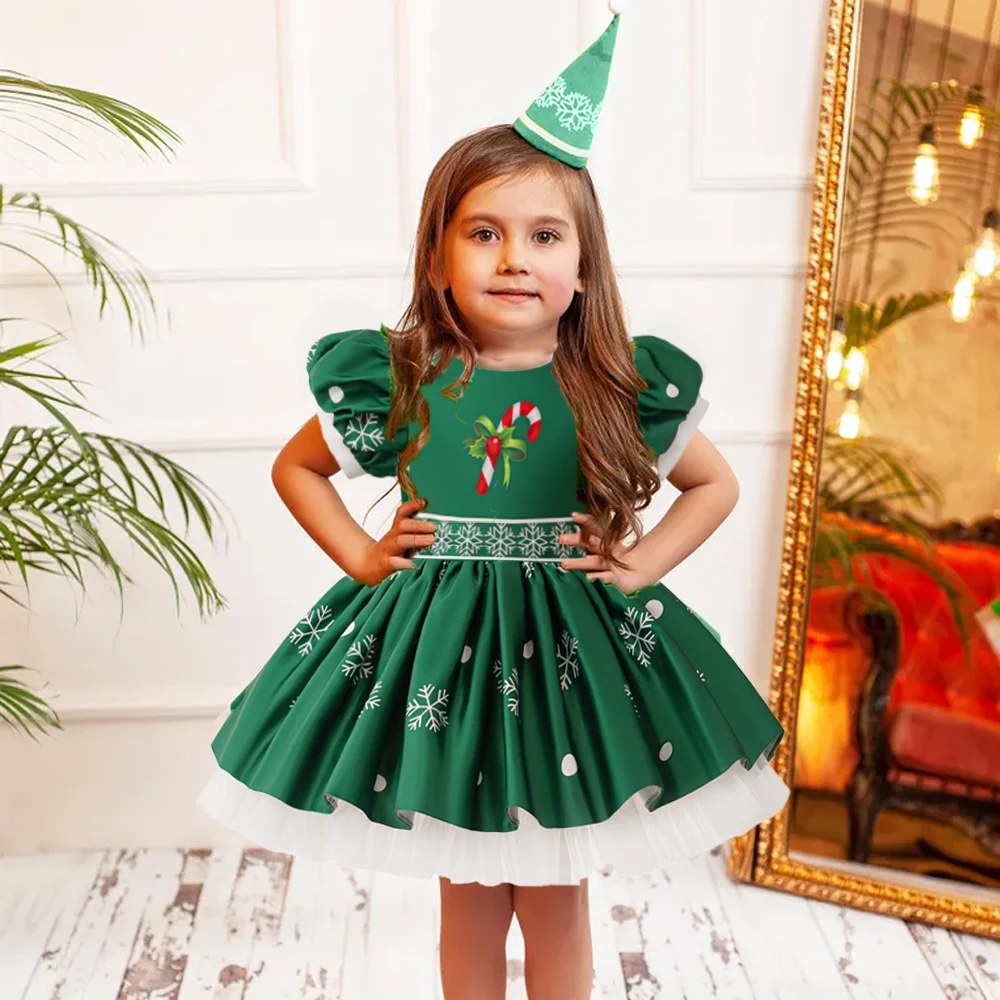 

Snowflake Green Christmas Girls Party Dress Puff Sleeve Candy Princess Gown Baby Birthday Wedding Tutu Dresses for Girl Costumes