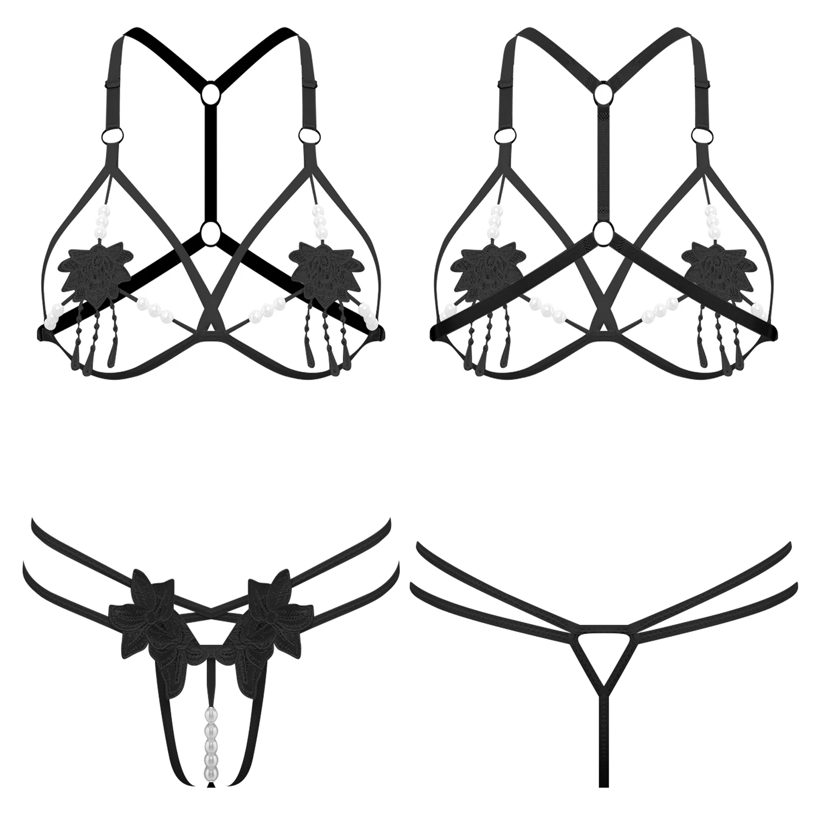 

Женский сексуальный экстремальный комплект микро нижнего белья с цветочной нашивкой из искусственного жемчуга, костюм нижнего белья, бюстгальтер без чашек с Т-образными стрингами на спине