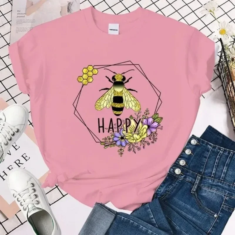 

European and American Bee Flower Print Pattern Round Neck Short-sleeved T-shirt Blouse Aesthetic Clothes Graphic