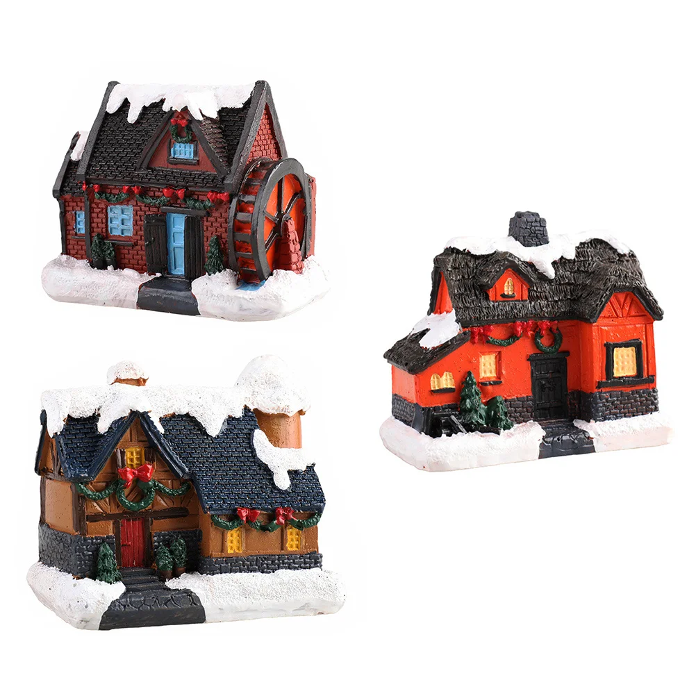 

3Pcs Christmas Mini Resin House Decor Xmas Desktop Luminous Ornament Chic Festival Gift Xmas Party Supply Mini Christmas House