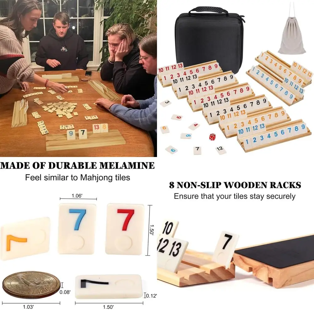 

6-8 Player Deluxe Rummy Cube Game Set: Wooden Racks, 214 Tiles, Carrying Case, Bag & Dice, Ideal for Adults, Gift, Travel, Party