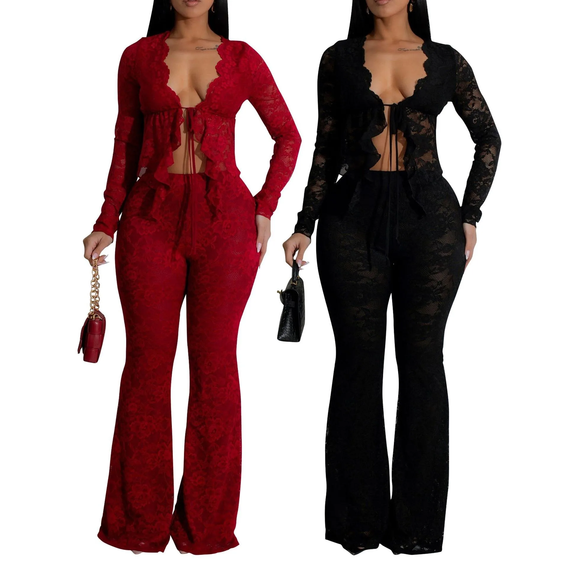 

Летний женский комплект одежды: сексуальный наряд из 2 предметов, топ с длинными рукавами и цветочным кружевом, брюки, праздничный комплект для женщин, прозрачный бархатный комплект.