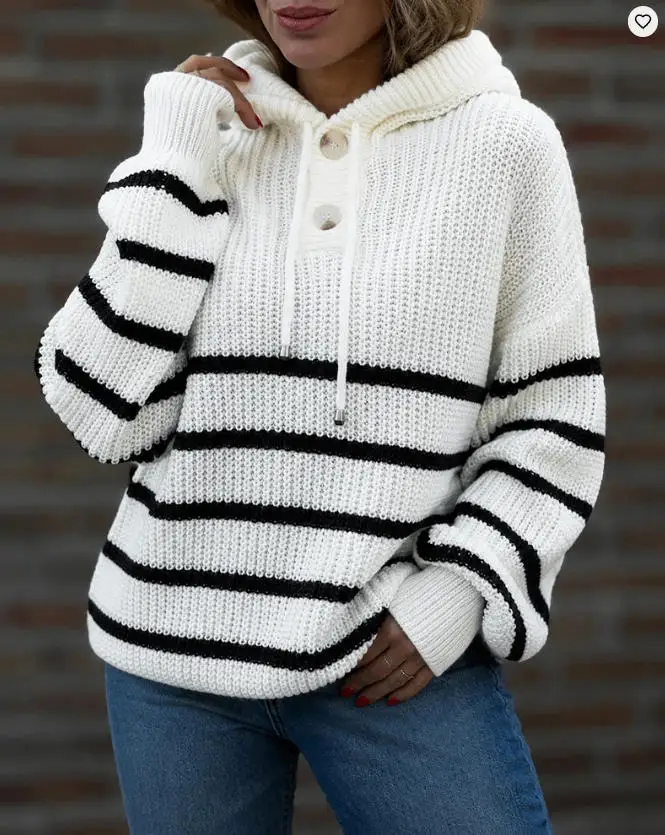 Women's Fashion Striped Drawstring Hooded Sweater 2026 Spring Autumn New Loose Fit Casual Lantern Sleeve Knit Pullover Sweater