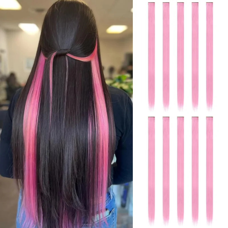 10 Pcs Synthetic Pink Hair Extensions 22 Inch Straight Colored Hair Colorful Clip Highlight Party for Kids and Women Gift