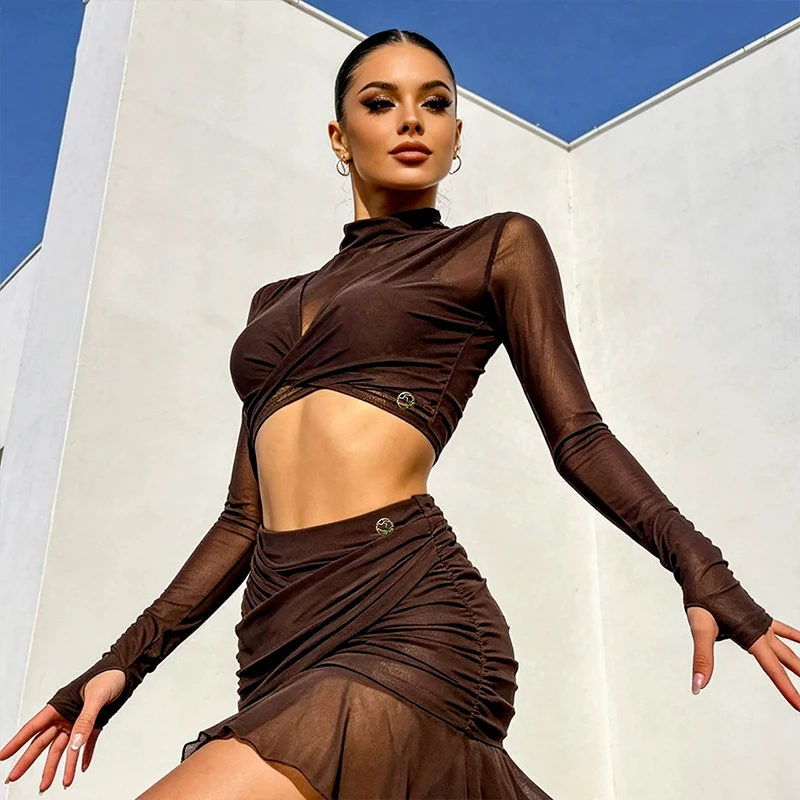 Brown Latin Dance Suit For Women Long Sleeve Mesh Top Ruffled Skirt Adult Performance Stage Costume Rumba Practice Set VDL6206