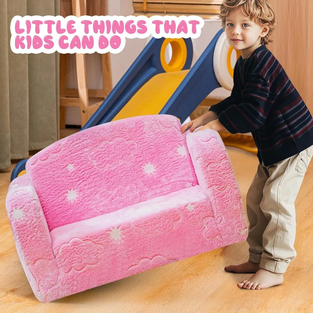 Glow-in-the-Dark Toddler Couch, Foldable Kids Sofa for Playroom, Convertible to Loveseat with Long-Lasting Comfort