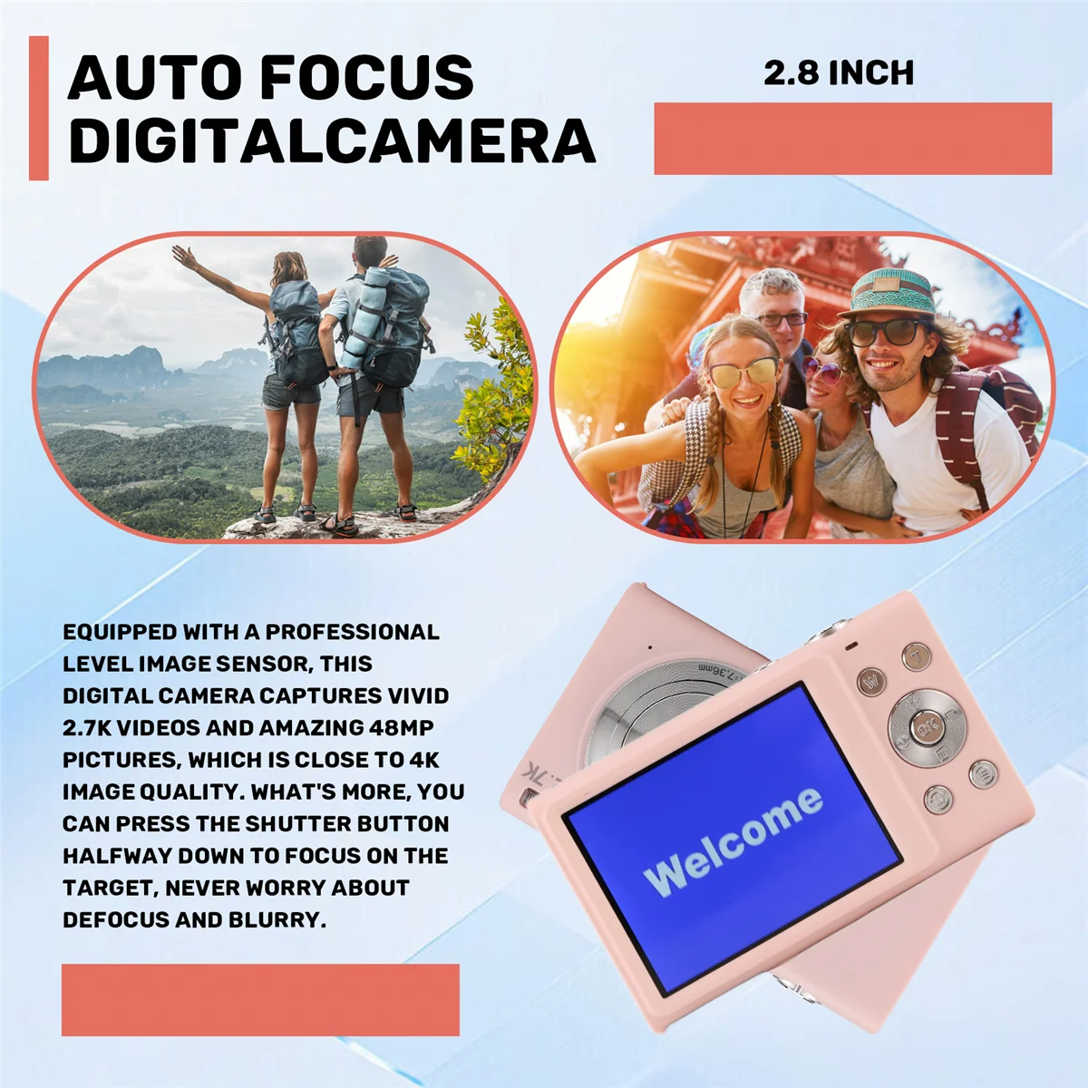 

【HAPPYH】Цифровая камера с автофокусом, камера для видеоблогов 2,7K, 48 МП, с большим экраном 2,8 дюйма, стильная камера для подростков - розовая
