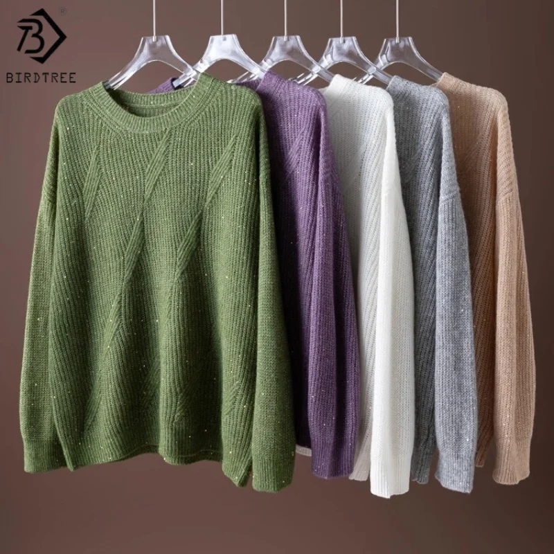 

Birdtree, однотонный вязаный свитер из шерсти и кашемира, женский трикотаж с блестками и круглым вырезом и длинными рукавами, осенний теплый пуловер 2025 T5O510JF