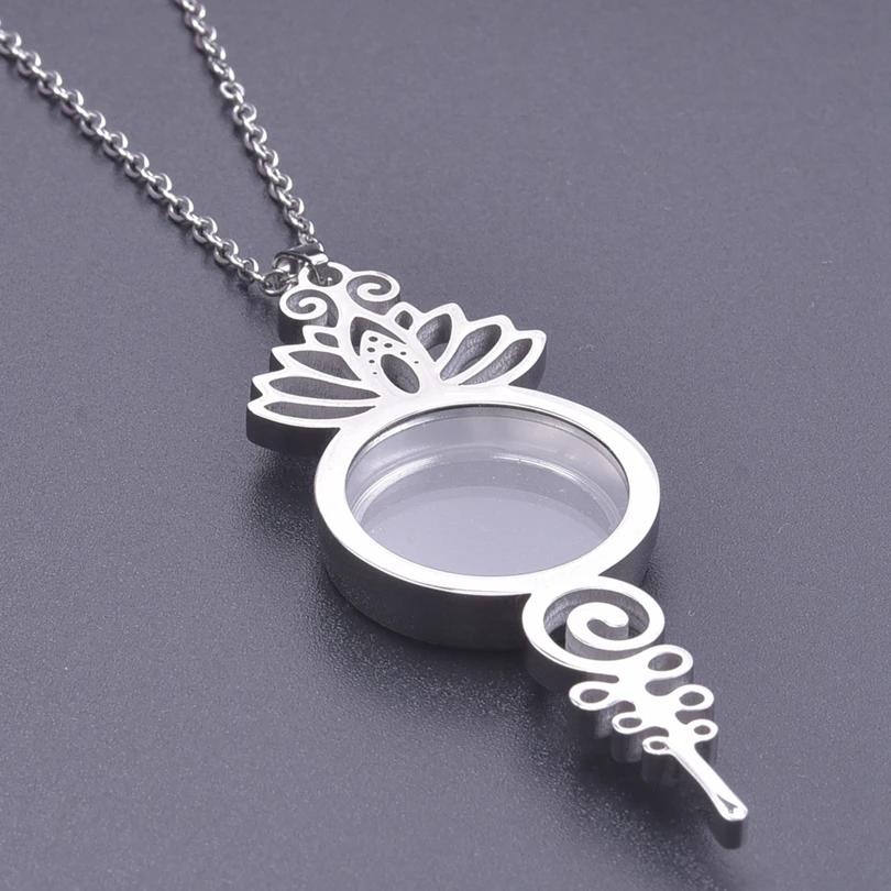 High Quality Retro Lotus Flower Glass Relicario Photo Locket Necklace Picture Locket Pendant Floating Charms Necklace For Women