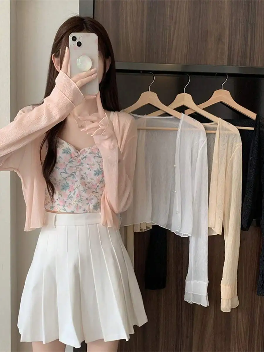 

1pc Women Beach Accessories Summer Shawl Long Sleeve Sun Protection Cover Up Open Front Beach Cover Up With Spaghetti Strap Top