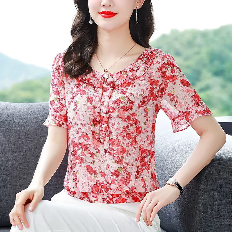 Short Sleeve Round Neck Chiffon Blouse Women Floral Print 2022 Female Casual Chic Shirts Summer Korean Ladies Loose Pullover Top
