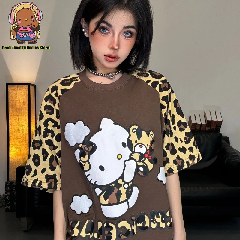 Hello Kitty Loose T-shirt Cotton American Casual Leopard Print Cute Cartoon Women Top Short Sleeve Fashion Tees Y2k Clothing