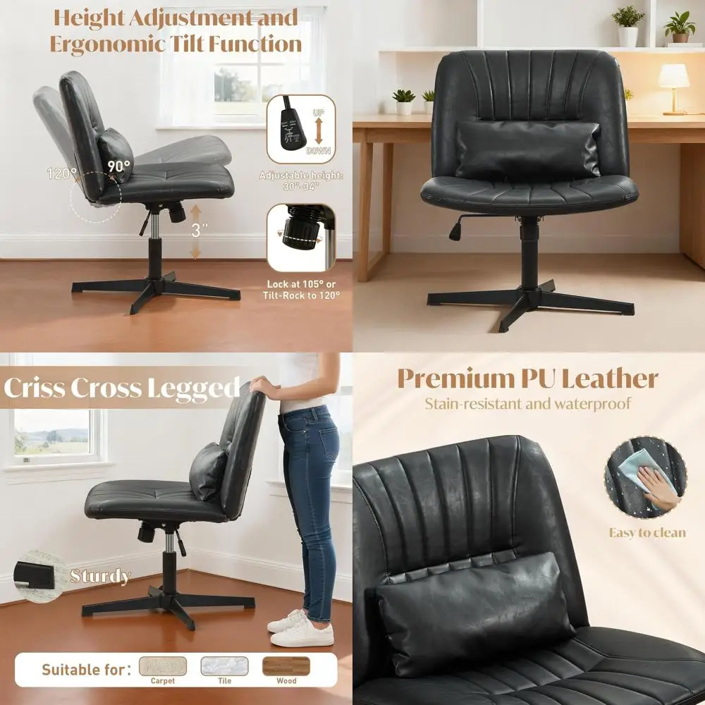 

Black PU Leather Swivel Chair with Adjustable Height, Armless and Wide Seat for Home Office or Bedroom