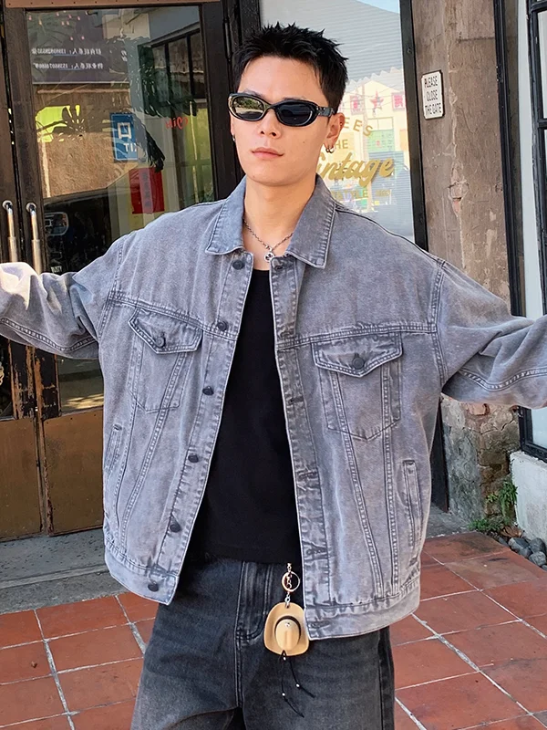 

Waed Vintage Large Size Men's Denim Jaet Spring Autumn Workwear Sle Multi-ket Design Casual Loose Fit Jaet