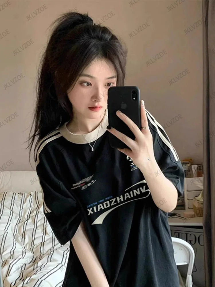 New Arriavl Summer Korean Sle Retro Black Patchwork Print Short Sleeve Casual Sports Breathable T-shirt Women Oversized Tops