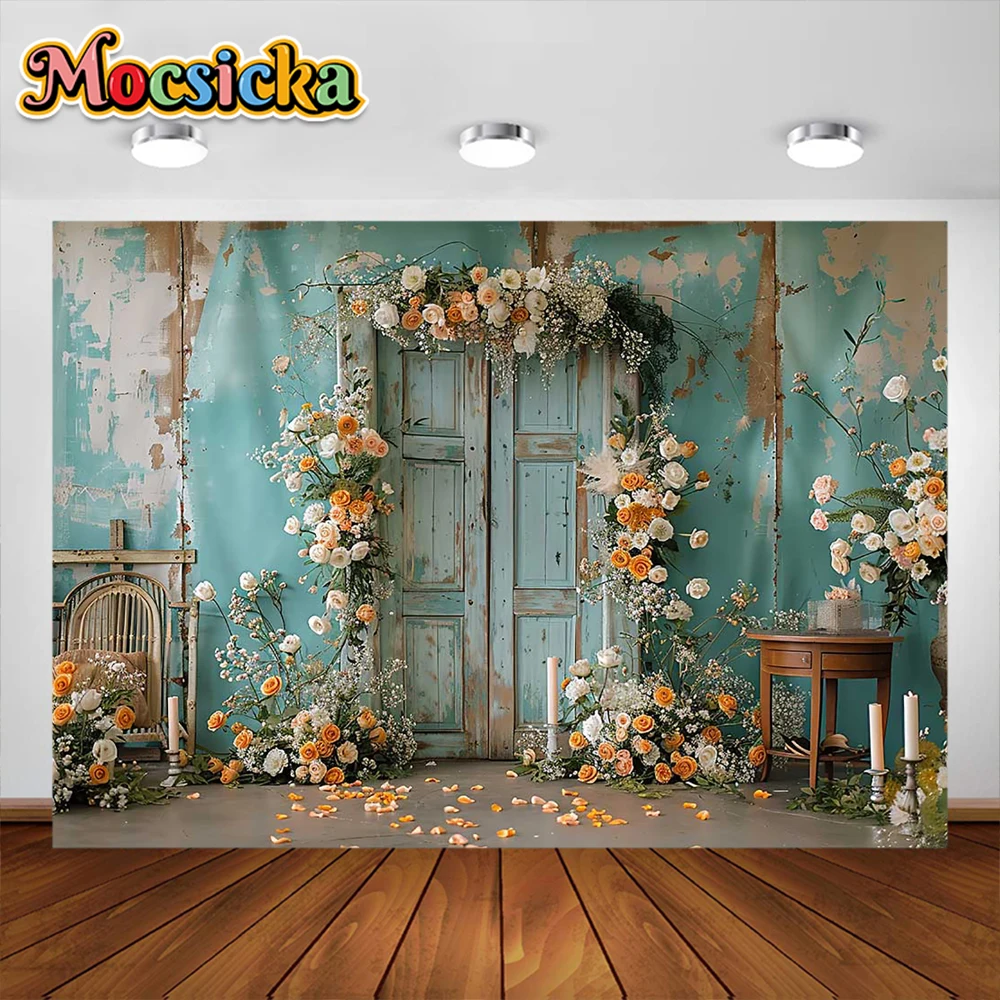 Spring Flower Photography Background Vintage Wooden Door Floral Garden Party Decor Wedding Newborn Portrait Photo Studio Props