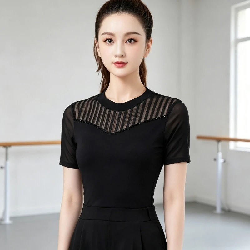 

Fashion Latin Dance New Mesh Splicing Short Sleeve Slim Comfortable Blouse Modern Ballroom Dance Wear Professional Dancewear
