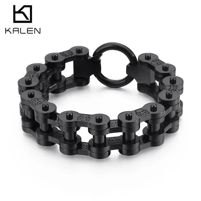 KALEN 21cm Stainless Steel Bike Chain Skull Charm Bracelet for Men 18mm Heavy Chunky Bicycle Link Chain Pulsera Homme Jewelry