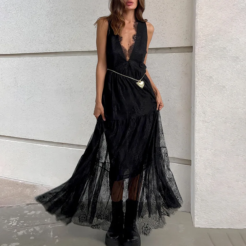 Women V-Neck Spaghetti Strap Black Lace Spliced A-Line Long Hook Flower Hollow Maxi Dress Elegant Summer Holiday Boho Fairycore