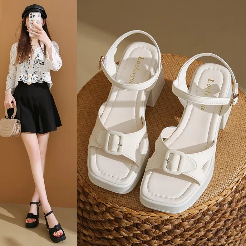 

Ladies Shoes on Sale 2025 New One-word Buckle Women's Sandals Summer Open Toe Mid Heel Water Proof Concise Daily Sandals Women