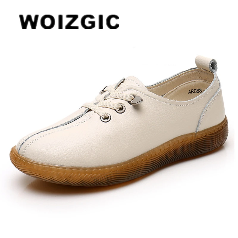 WOIZGIC Women\'s Female Ladies Mother Genuine Leather Flats Shoes Loafers Lace Up Spring Autumn Mocasines Comfortable