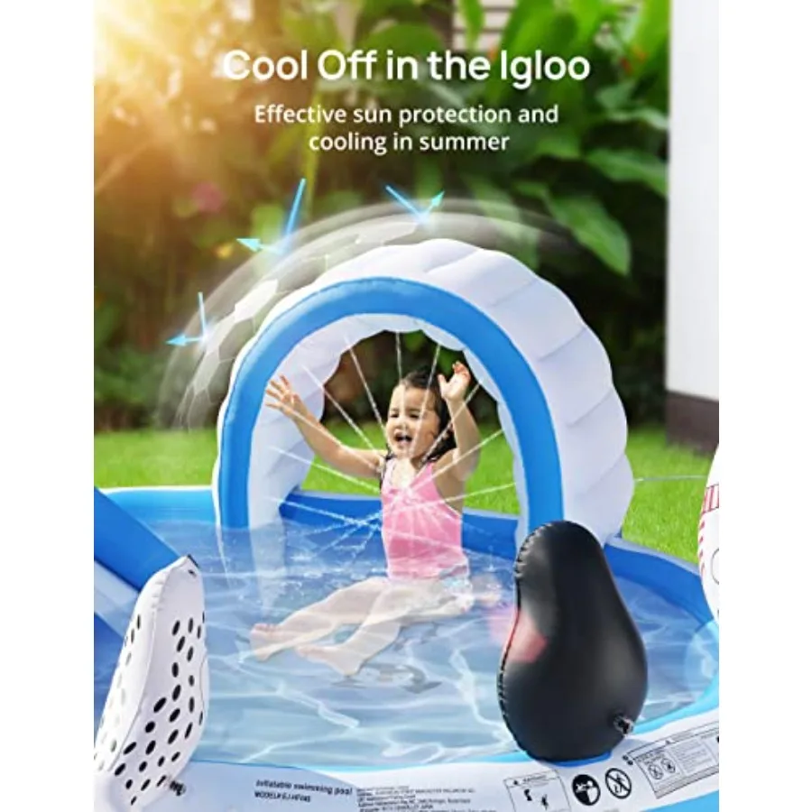 Inflatable Play Center for garden backyard indoor use; PVC material; blue/white color; quick-setup snow theme with slide sprink