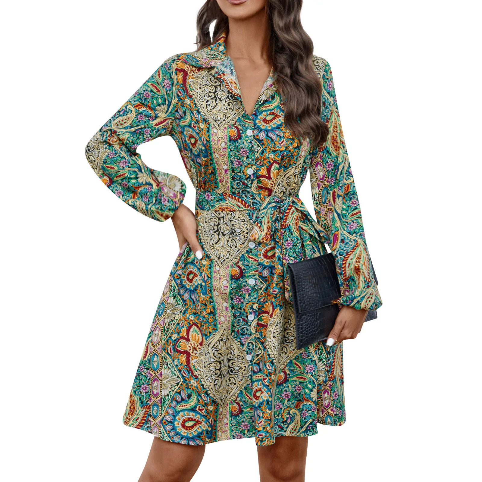 Moda stampa floreale camicia abito donna 2023 autunno manica lunga elegante ufficio abbigliamento donna scollo a v abiti stringati per donna