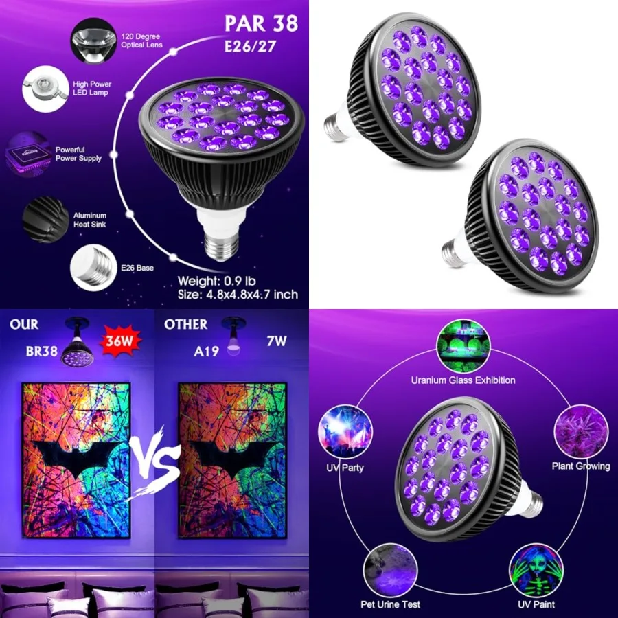 

Black Light Bulbs, 2 Pack 36W LED Blacklight Bulbs E26 PAR38 Glow in The Dark, UV Black Bulb 395nm LEDs for Blacklight Party, F