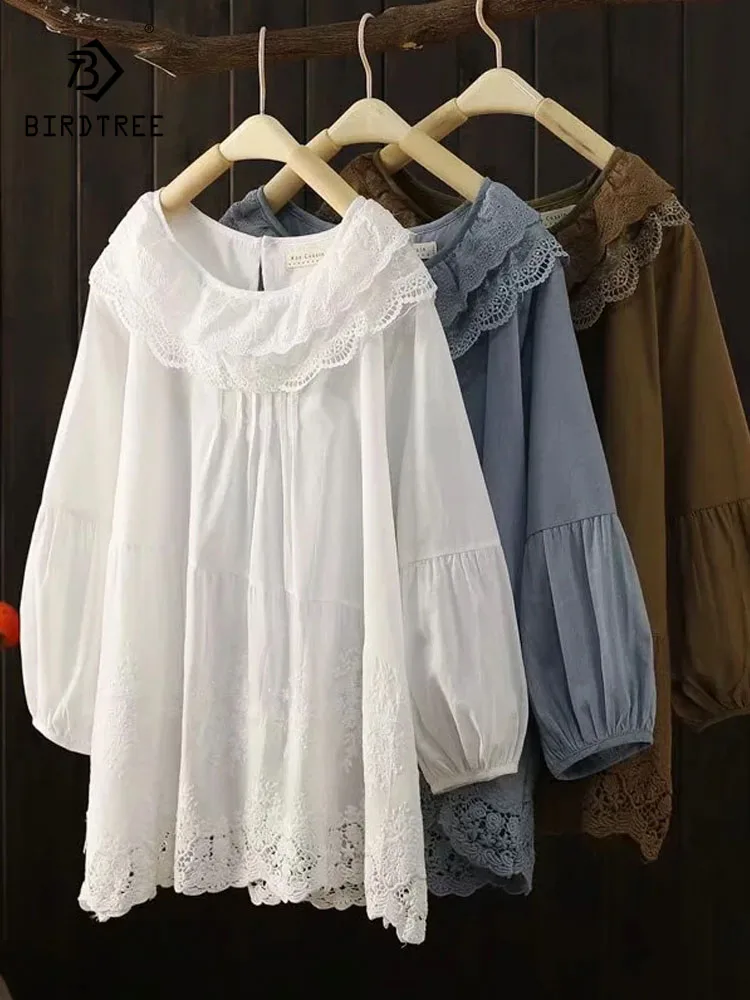 

New 2026 Spring Cotton Long Sleeve Shirt, Women Turn-down Collar Lace, Mori Girl Age Reduction Sweet Loose Doll Blouse T5D550CC