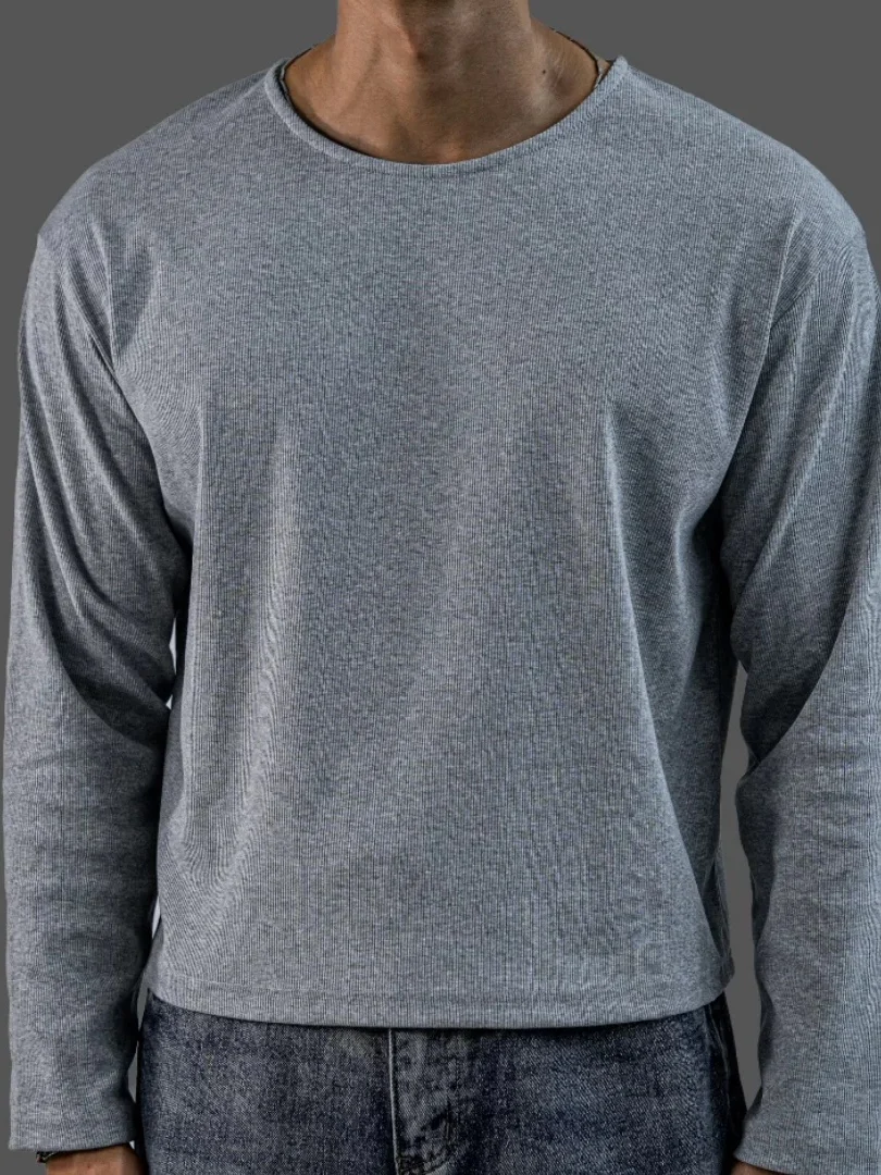 American Retro Waffle Pattern Hoodie Men's Loose Long Sleeve T-Shirt  Furry Inner Wear Base Shirt Trendy Breathable Skin-...