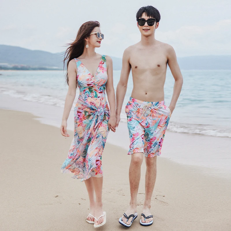 

Women's One Piece Swimwear with Cover up Mens Shorts Couple Swimwear Flower Printed Lover's Beach Wear Bathing Suit 2024 New