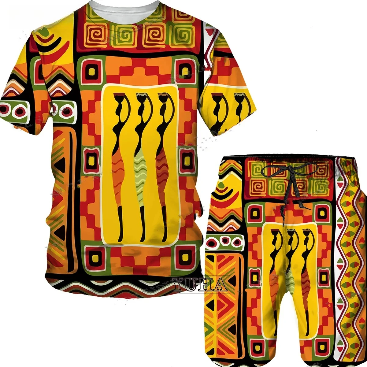 2025 Men's T-shirt and Shorts Set, 2-piece Summer 3D Printed African Folk Pattern, Hip-hop Style Short-sleeved Round Neck