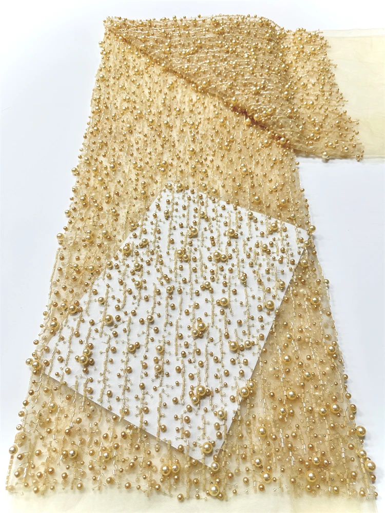 

New Design Hot Sale African Handmade Heavy Beaded Mesh Lace Fabric 2025 French pearl Lace Fabric Women's Party Evening Dresses