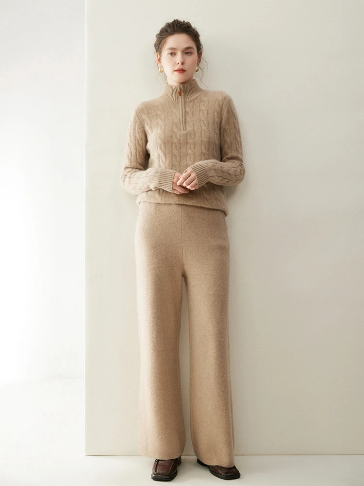 

Women 100% Cashmere Sweater Autumn Winter Mock neck Pullover Half Zipper Cable Knitting Casual Luxury Cashmere Knitwear Tops