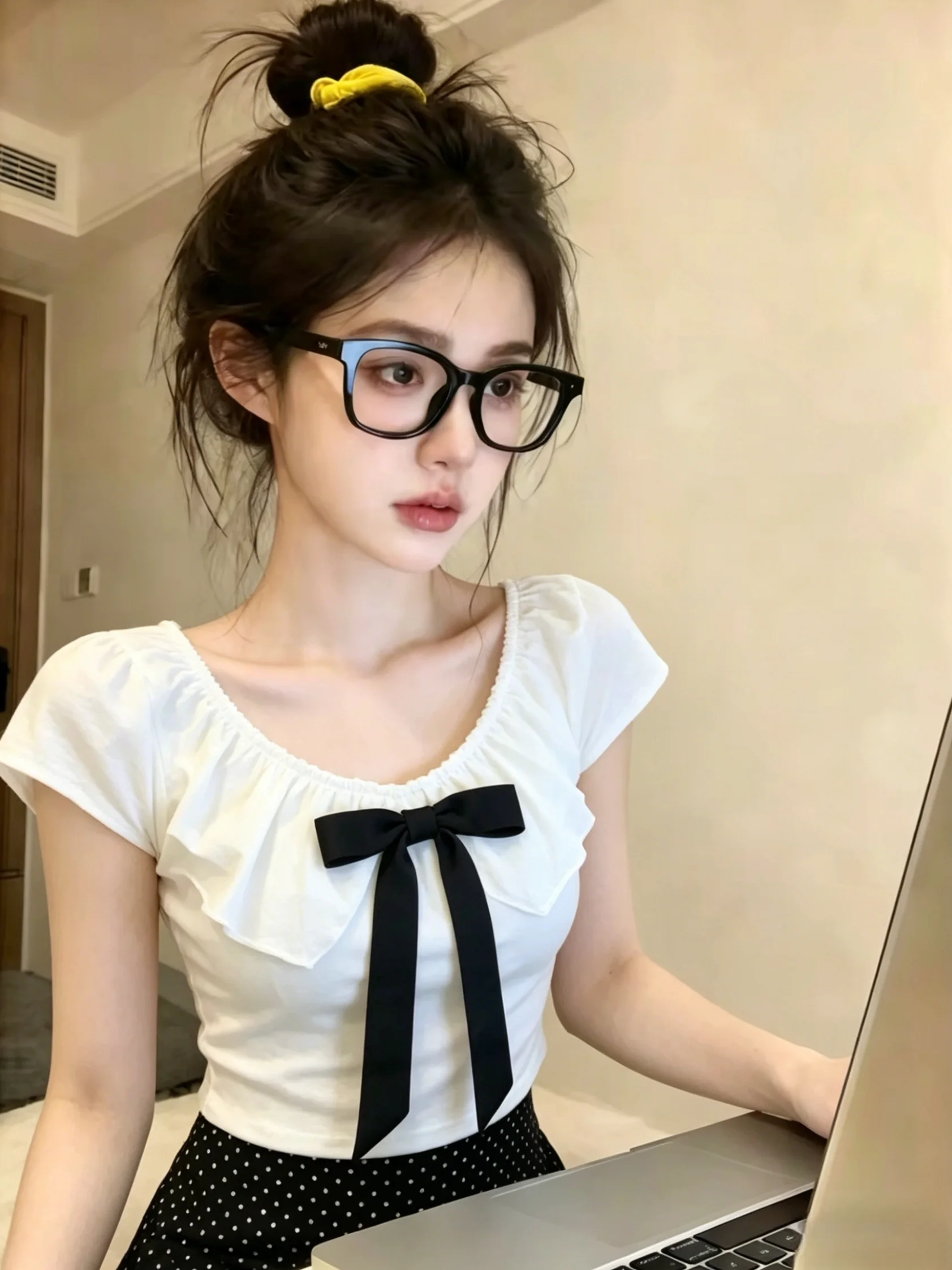 

Summer New Style Women's T-shirt Knot Lace V-neck Fly Sleeve Self-retention Beautiful Top Korean Style Slim Fit