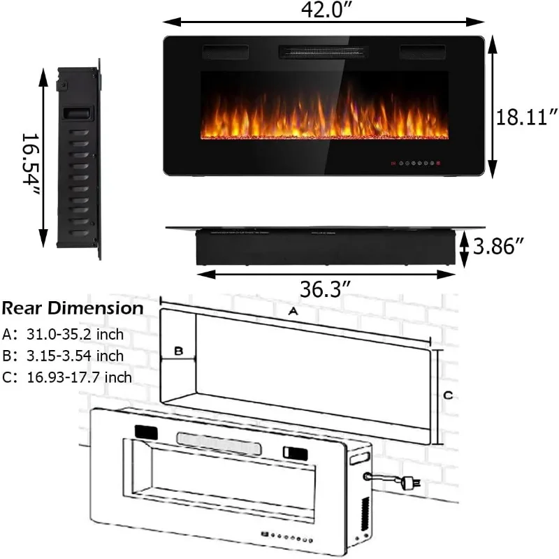 Topment Recessed and Wall Mounted Electric Fireplace Adjustable Flame Color Speed, Remote Touch Control with Timer, Low Noise