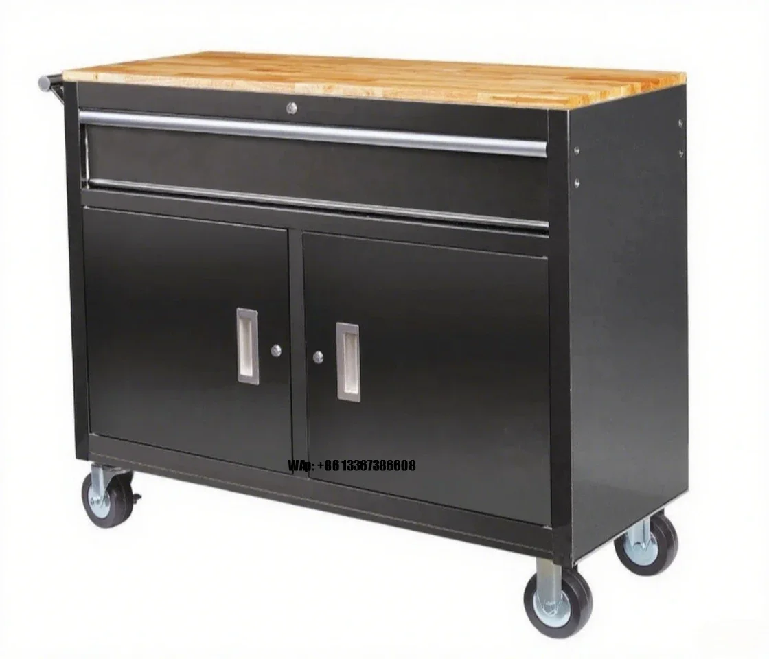 46 In. Mobile Workbench with Solid Wood Top Tool Cabinet Black