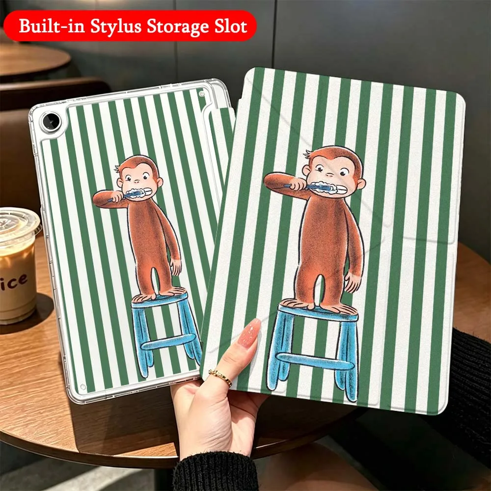 

Cartoon Striped Monkey Case For Samsung Galaxy Tab A9 A8 A11 S6 S7 S8 S9 S10 FE Plus Lite Transparent Y-Shaped Folding Tablet