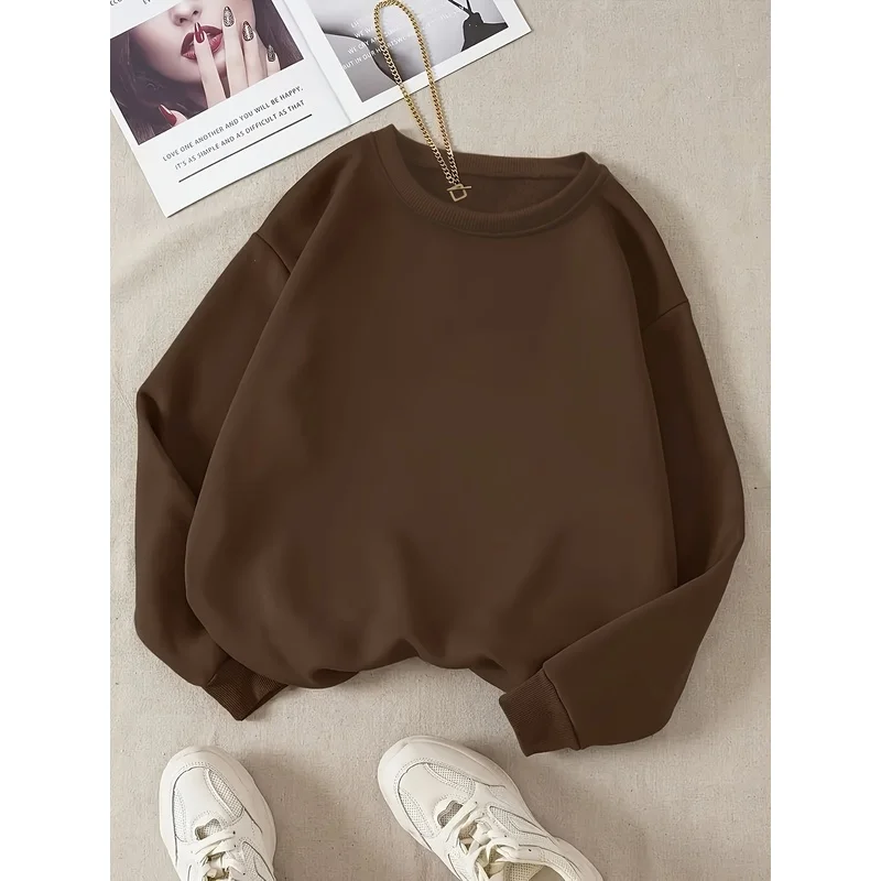 Ladies Solid Color Fashion Crew Neck Sweatshirt Long-Sleeved Round-Neck Sweatshirt