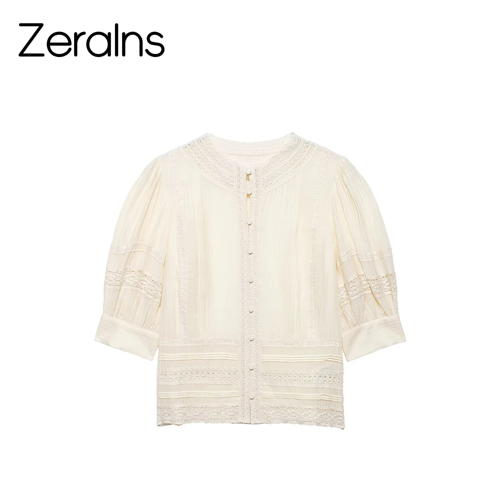 

ZERAINS European and American style summer new women's commuting versatile lace decoration romantic style shirt